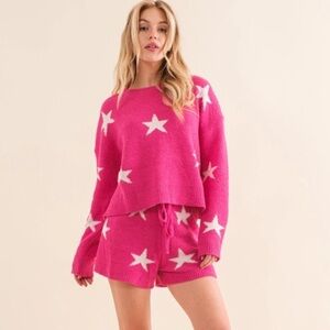Star Print Soft Long Sleeve Top & Shorts Lounge Set in Pink | Large